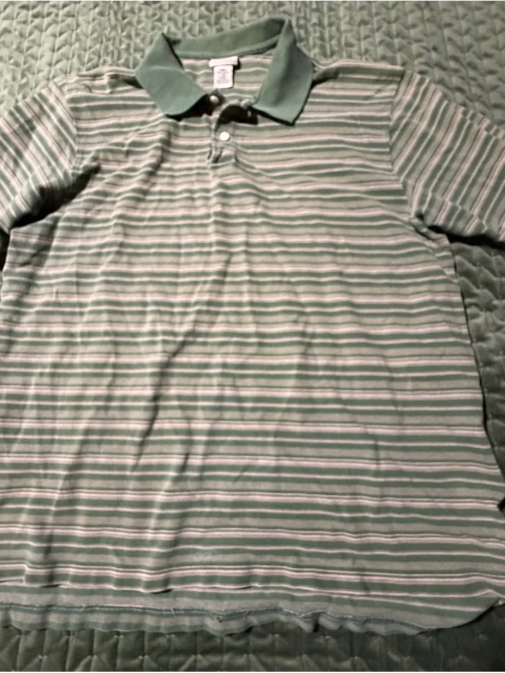 L.L. Bean striped polo shirt short-sleeved green, white, tan‎ 100% cotton, large